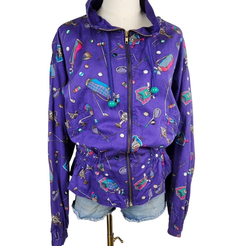 Vintage Drawstring Waist Zip Front Jackets Women's‎ M Purple Golf Tennis Croquet